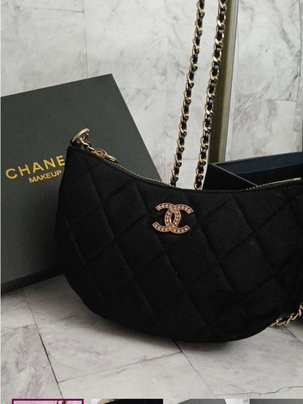 CHANEL Beauty VIP Gift Black Quilted Crescent Shoulder Bag with Gold Chain